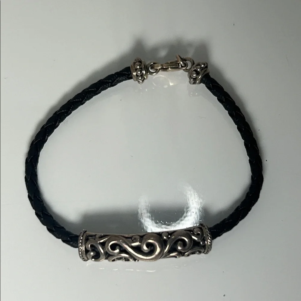 NWOT Carolyn Pollack Sterling Silver Scroll Slide On Braided Leather Bracelet